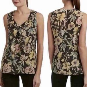CAbi Womens Osaka Nights Tank Black Yellow Floral Ruffle V-Neck #3265